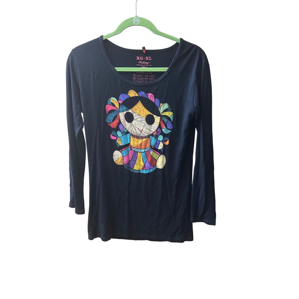AYGÜEY Cultura Embroidered Doll Long Sleeve T-Shirt XG-XL‎ Black Viscose Spandex